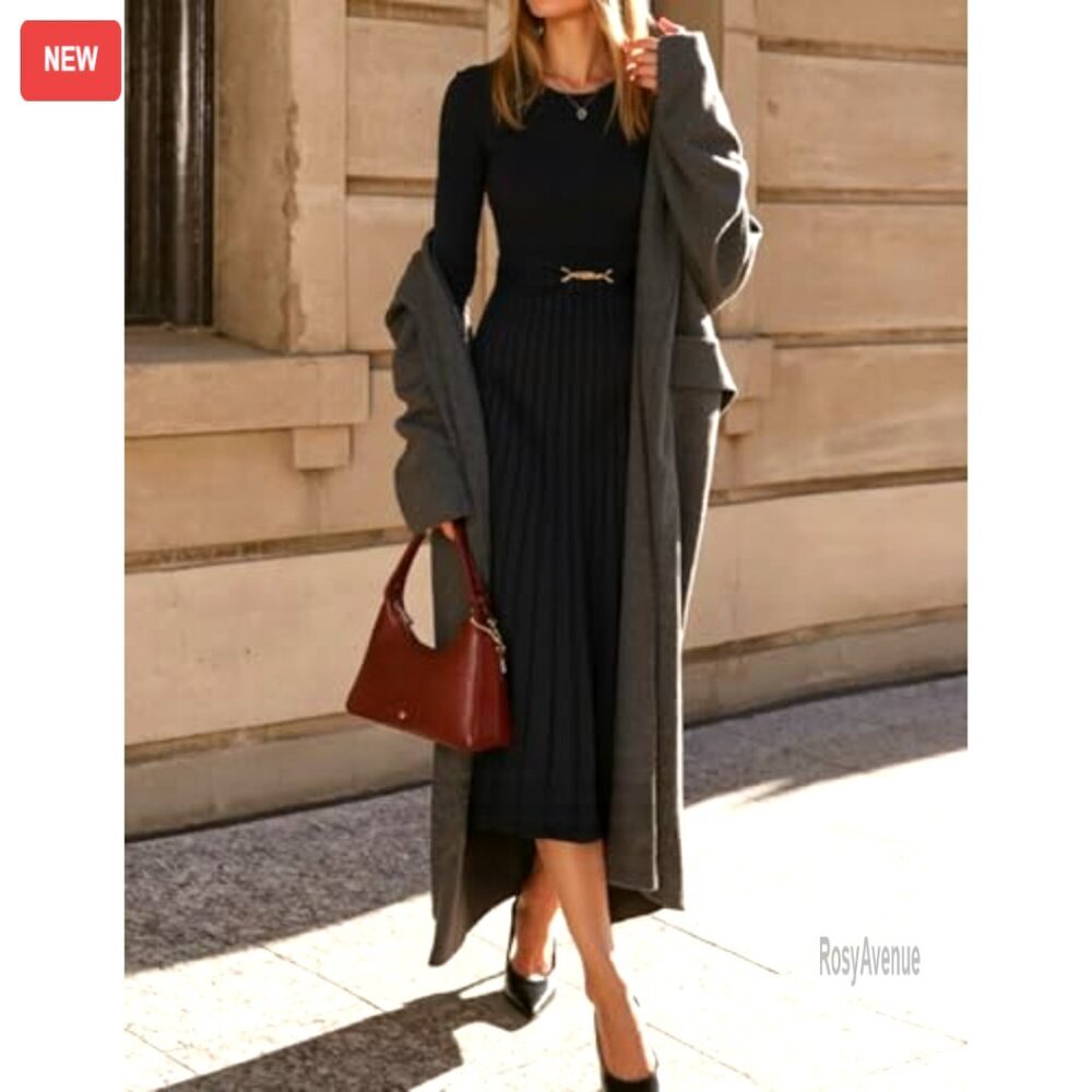 Long Sleeve Midi Sweater Dress with Belt, Knit A-Line Pleated Flowy - Picture 5 of 8
